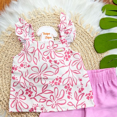 Conj Blusa Off e Pink Floral e Calça Pantacourt Rosa Flamingo
